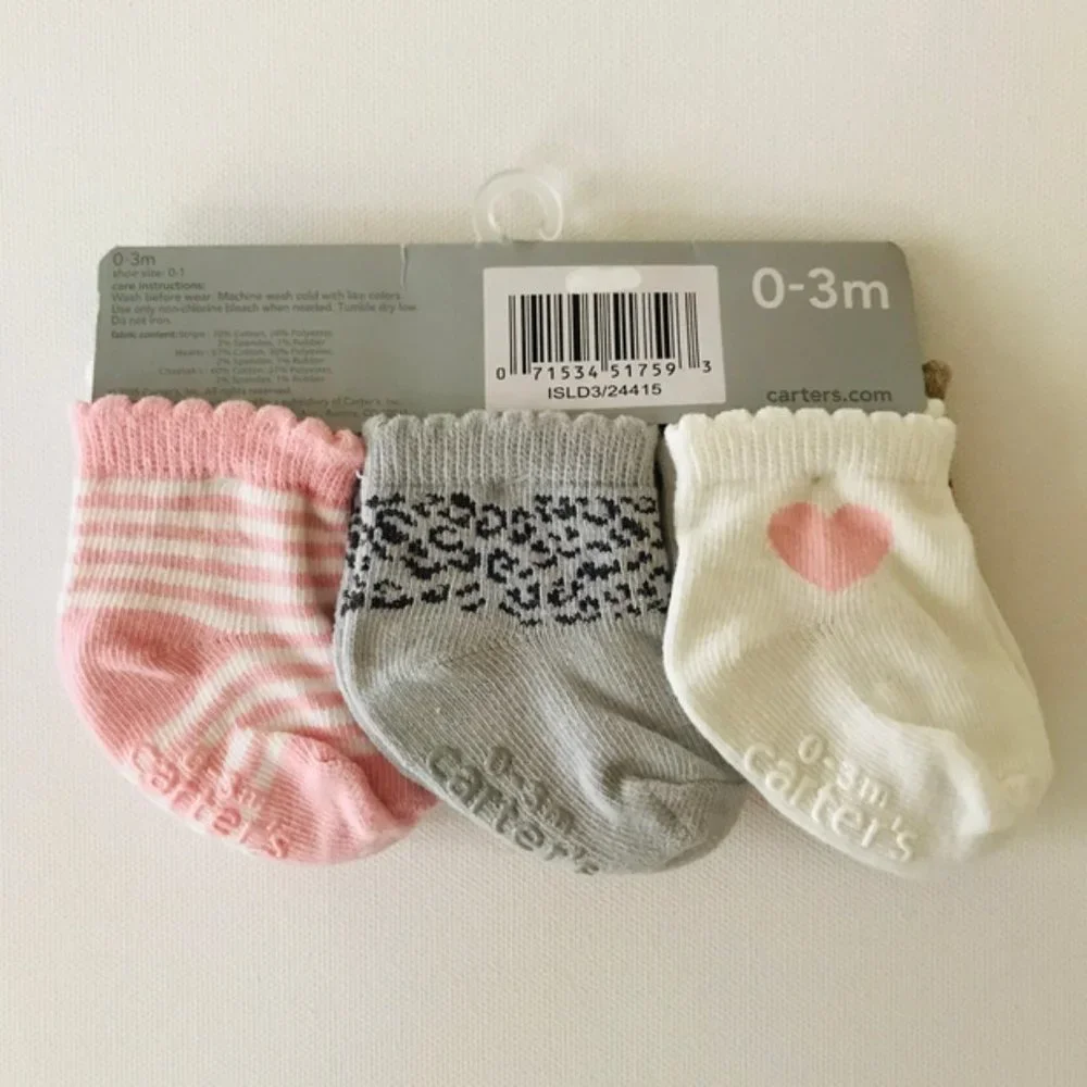 Carter's Baby Girl Newborn 3 Months 6-pk Socks Pink White Tan Heart Cheetah